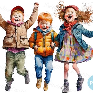 Kinder PNG Clipart. Drei glückliche Kinder, die zusammen springen, fröhliche lachende Kinder, Aquarellillustration digitaler Download