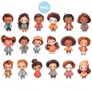 Set of cute cartoon kindergarten kids clipart. Isolated happy children standing full height. Cartoon characters PNG clipart