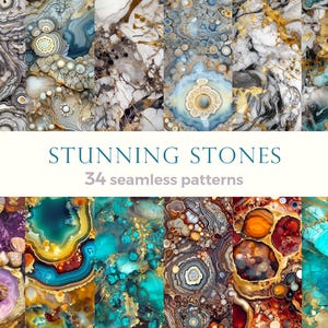 May include: A collection of 34 seamless patterns featuring stunning stone designs. The patterns showcase a variety of colors, including blue, gold, purple, and brown, with intricate details and textures. The text "STUNNING STONES" and "34 seamless patterns" are displayed.