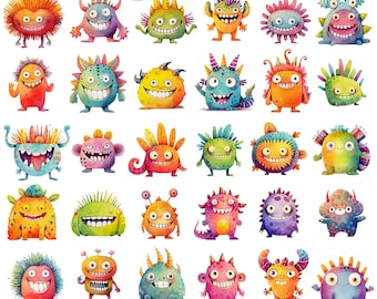 May include: A collection of colorful, watercolor-style monster illustrations. Each monster has a unique design, featuring various colors, horns, and expressions. The monsters are smiling and have a friendly appearance, suitable for children's designs or playful themes.