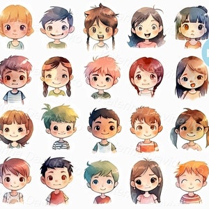 Cartoon kids faces PNG clipart, different emotions, cute little children heads, kids avatars, watercolor anime characters, digital download