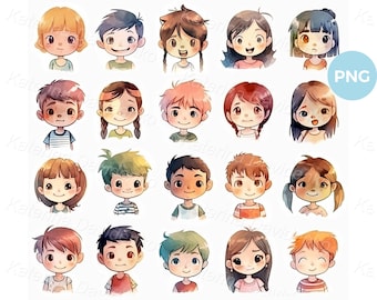 Cartoon kids faces PNG clipart, different emotions, cute little children heads, kids avatars, watercolor anime characters, digital download