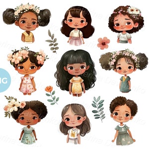 Set of cartoon girls PNG clipart, multinational happy little kids faces, children avatars clip art, digital instant download