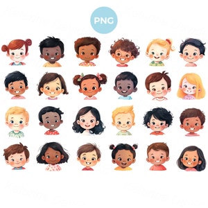 Verzameling cartoon gelukkige kinderhoofden png-clipart, multinationale lachende kindergezichten, jongens- en meisjesavatars, kinderemoties