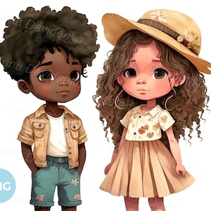 Two cartoon little girls standing together, cute kids PNG clipart, children portrait, digital download