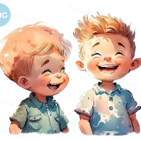 Petits garçons qui rient. La peinture à l'aquarelle. Heureux petit dessin animé enfants PNG clipart, téléchargement numérique