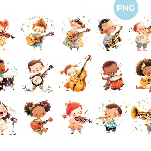 Kinderen spelen muziekinstrumenten en zingen liedjes, Kids clipart set, cartoon jongens en meisjes, PNG digitale downloadbestanden Sticker clipart