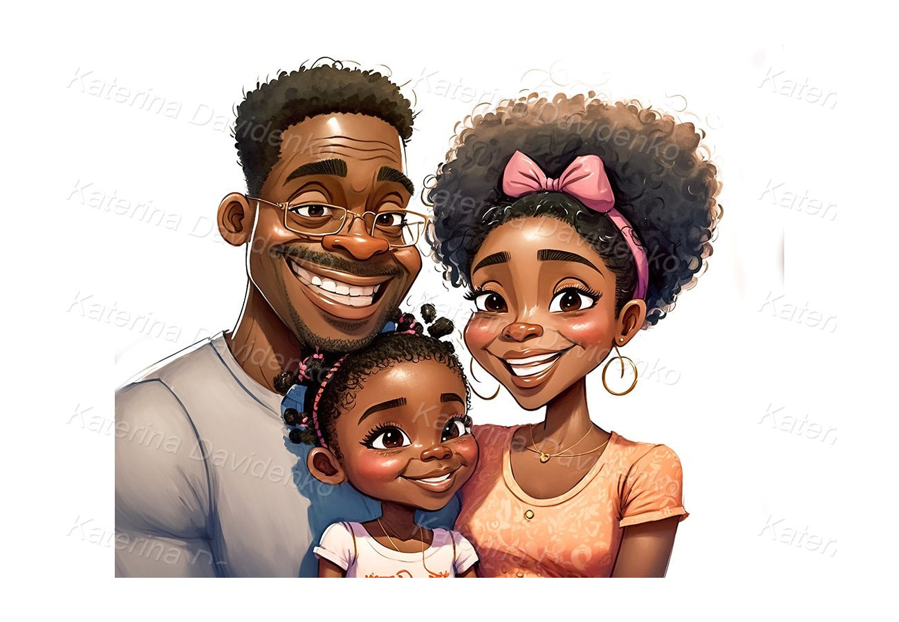 Cartoon Happy Family Clipart. Portrait of a Cute African American