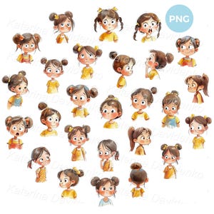 Kids emotions PNG clipart set. Cartoon little girl with different emotions, kids face expressions. Isolated characters, watercolor kids