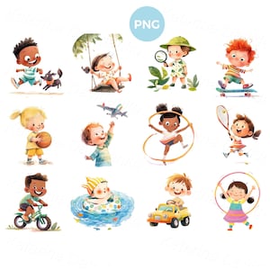 Cartoon kinderen doen verschillende buitenactiviteiten, aquarel cartoon happy kids clipart set. Digitale png-jpg-bestanden