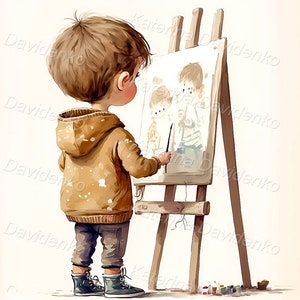 Niño dibujante pintando un cuadro sobre lienzo. Imágenes prediseñadas de actividades de un niño pequeño. Descarga instantánea