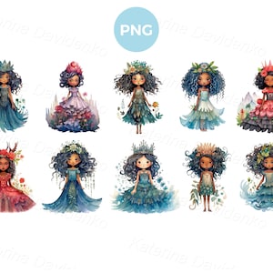 Principesse dei cartoni animati delle fiabe, clipart png ad acquerello trasparente, ritratti di graziose bambine afroamericane in bei vestiti