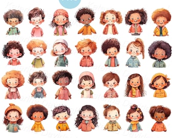 Collection of happy cartoon kids clipart, isolated illustration of funny child, watercolor little kids clipart, cartoon boys and girls set