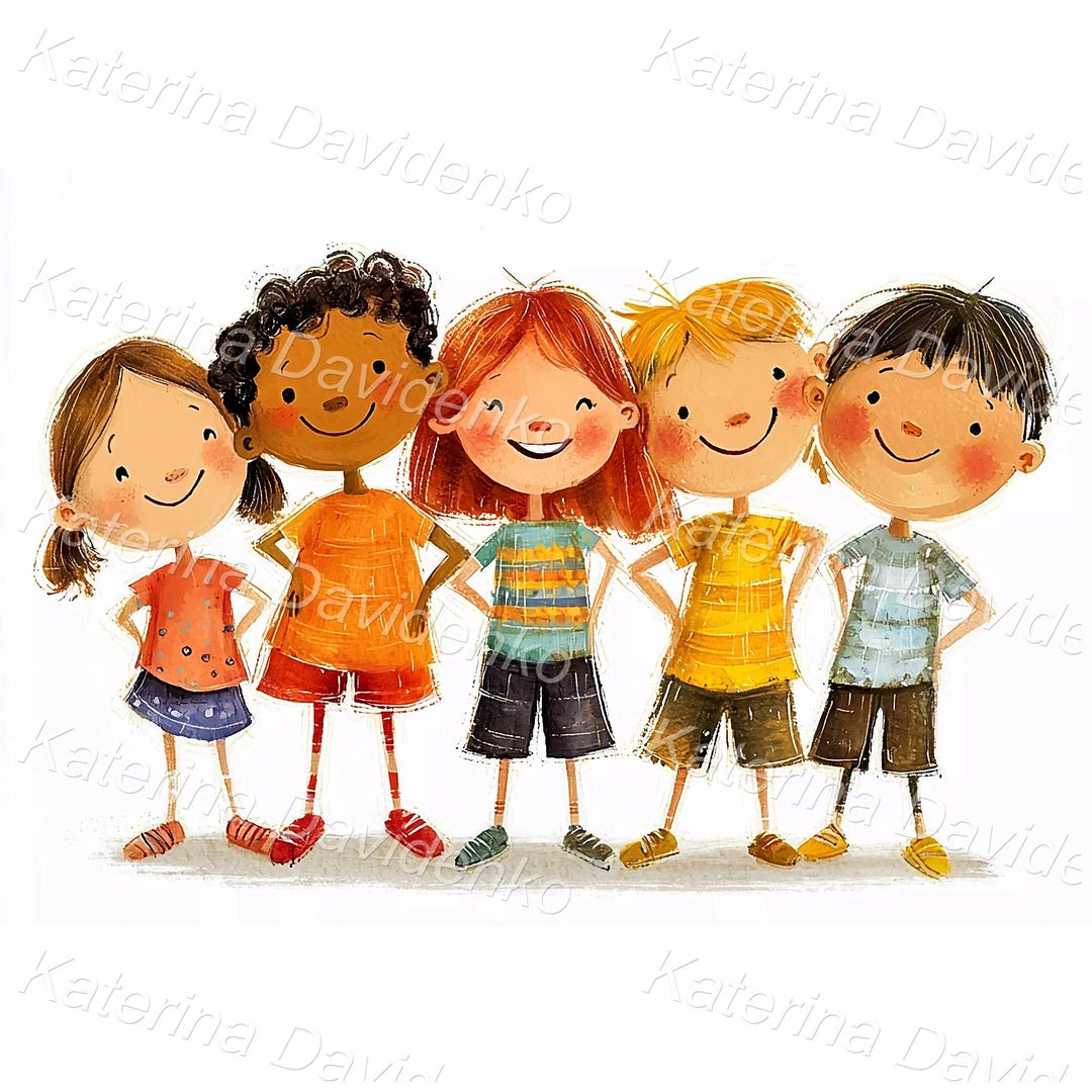 Smiling Little Boys and Girls Standing in a Row. Cartoon Happy ...