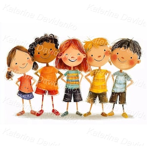 Niños y niñas sonrientes de pie en fila. Imágenes prediseñadas de niños felices de jardín de infantes, retrato de niños divertidos, ilustración digital