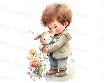 Digital watercolor painting of cute little boy hugging a toy rabbit. Nursery artwork, child and toys animals, cartoon kid clipart