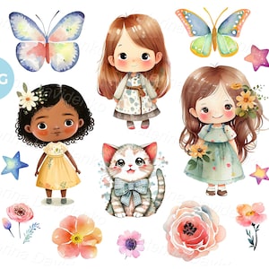 Set of watercolor PNG cute cartoon clipart little girls, kitty, butterflies and flowers. kids in summer clothes. Commercial use