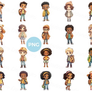 Collection of cartoon school kids clipart, isolated characters, cute boys and girls, happy children standing, kids PNG clipart