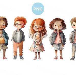Lindos niños y niñas de dibujos animados de pie en fila, conjunto de imágenes prediseñadas PNG de niños en acuarela aislados. Niños con ropa informal de primavera