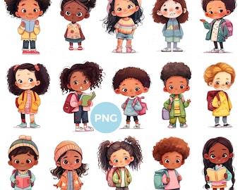 Cute cartoon multiethnic school kids with backpacks PNG clipart set, isolated children pictures, standing characters, smiling girls