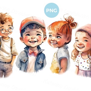 Imágenes prediseñadas de niños pequeños lindos de dibujos animados, retratos de niños en acuarela, imágenes prediseñadas de niños y niñas PNG, descarga digital, caras de niños felices