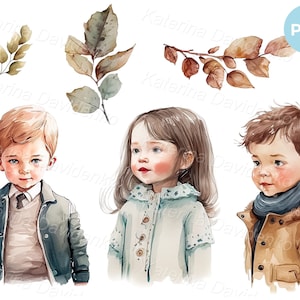 Set of three children portrait and autumn leaves, boy and girl clip art. Watercolor illustration of cute kids, PNG clipart, instant download