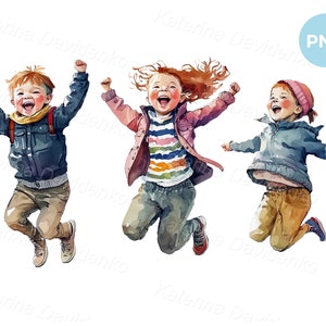 Happy kids jumping with joy, kids png clipart, watercolor painting of cute children. Digital download