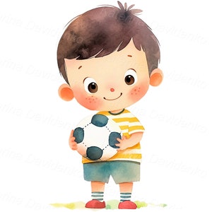 May include: A cartoon illustration of a boy with brown hair, wearing a yellow and white striped shirt, blue shorts, and red and white striped socks. He is holding a black and white soccer ball in front of him.