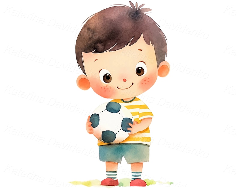 May include: A cartoon illustration of a boy with brown hair, wearing a yellow and white striped shirt, blue shorts, and red and white striped socks. He is holding a black and white soccer ball in front of him.