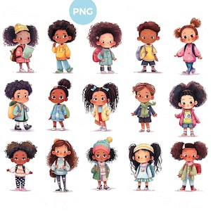Happy Little School Girl Standing with Backpack PNG Clipart Isolated Cartoon Characters Whole Body Kids Icons Multiethnic Children PNG Set