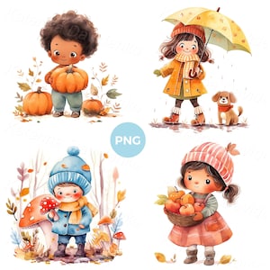 Dibujos animados de niños felices haciendo actividades durante las estaciones de otoño PNG clipart. Acuarela de niños al aire libre, conjunto de imágenes prediseñadas de niños en otoño
