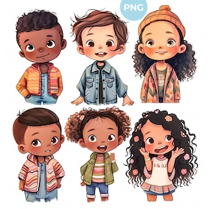 Set of cartoon happy kids portraits, PNG clipart of multiethnic children, smiling boys and girls, isolated characters, digital download
