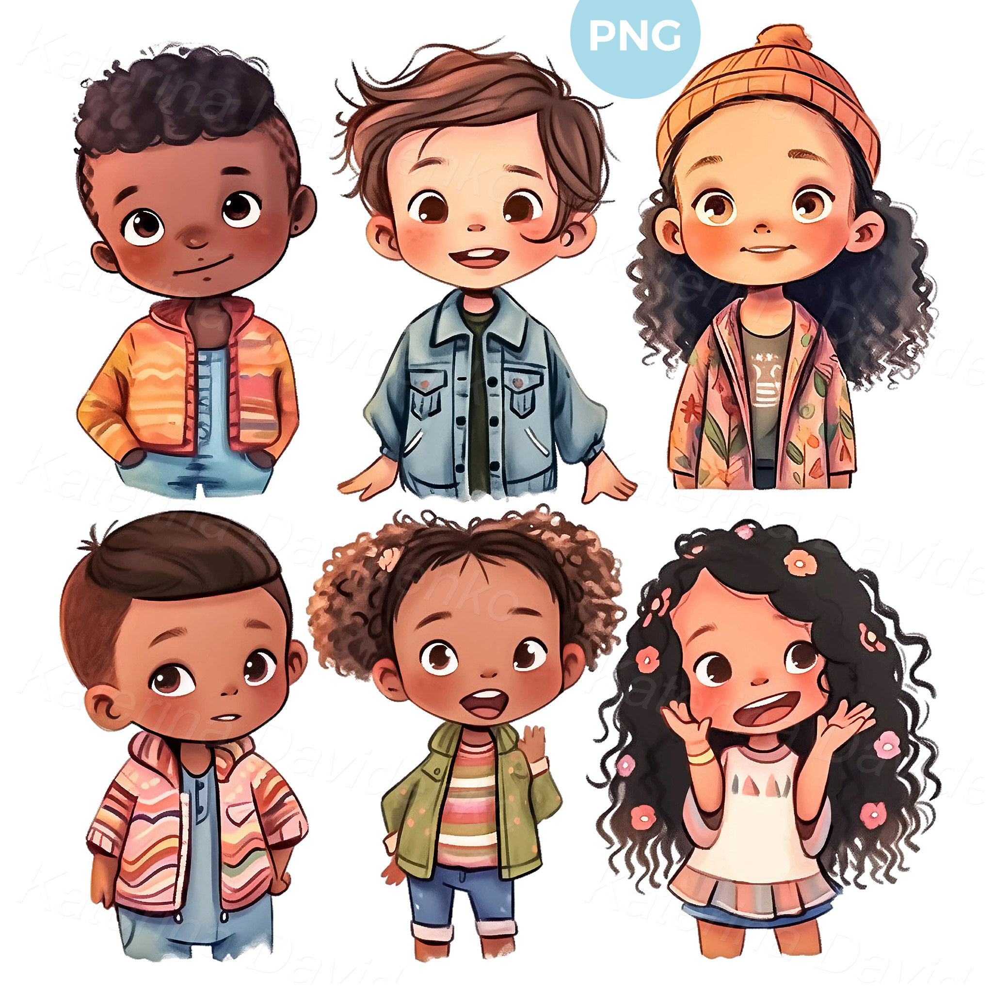 Set of cartoon happy kids portraits, PNG clipart of multiethnic children, smiling boys and girls, isolated characters, digital download