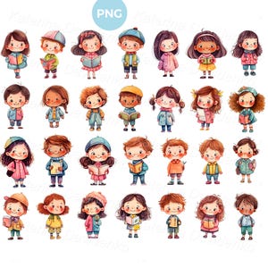 Imágenes prediseñadas PNG de niños pequeños de dibujos animados. Personajes infantiles aislados en acuarela. Imágenes prediseñadas de niños de jardín de infantes de pie. Niños en edad preescolar con libros
