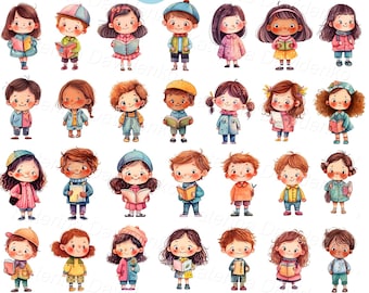 Cartoon little kids PNG clipart. Watercolor isolated kids characters. Kindergarten children standing clip art. Preschool kids with books
