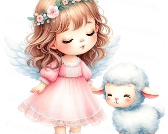 Cute Angel Girl and Lamb Clipart – Christian Art for Kids. Adorable angel with lamb in watercolor style. High resolution, commercial use