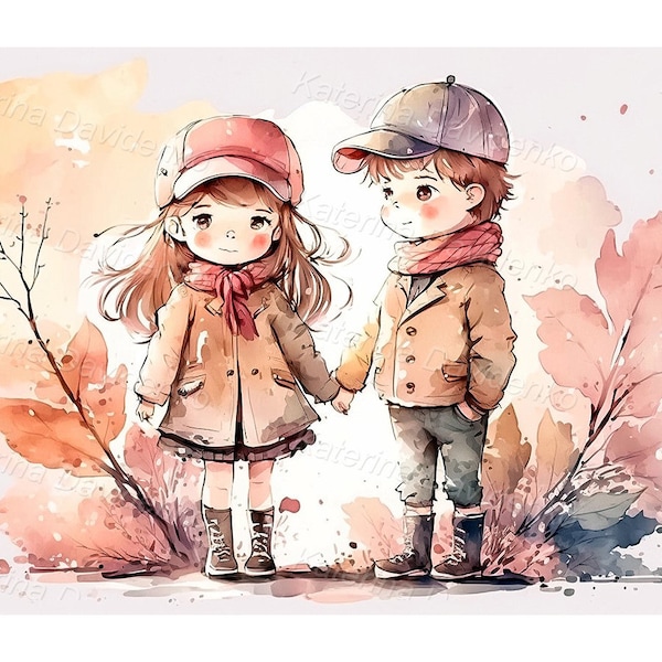 Romantic watercolor painting. Cute boy and girl holding hands in an autumn garden. Cartoon kids walking outdors, digital download.