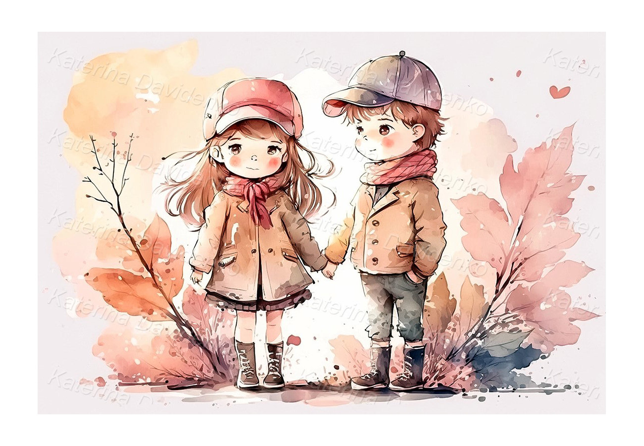 Buy Romantic Watercolor Painting. Cute Boy and Girl Holding Hands ...