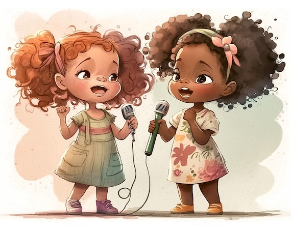 Two cartoon little girls with microphones singing Kids  Children activities clip Digital download