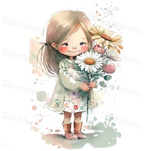 Cartoon schattig klein meisje met madeliefjes boeket bloemen, zachte kleuren, kinderkamerkunst, digitale download, ontwerp voor wenskaart, aquarel