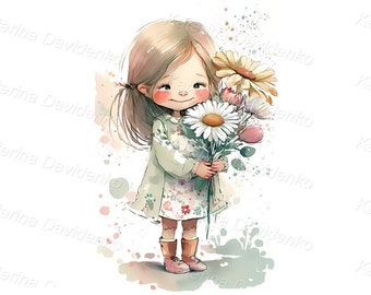 Cartoon cute little girl with daisies bouquet of flowers, soft color, nursery art, digital download, design for greeting card, watercolor