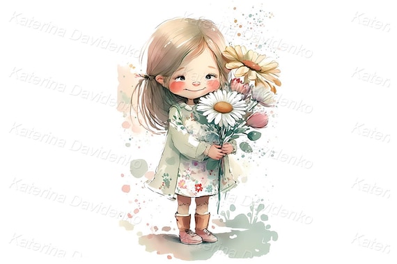 Dibujo animado de una linda niña con un ramo de flores de margaritas, color  suave, arte infantil, descarga digital, diseño para tarjeta de