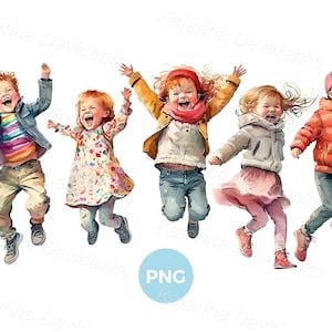 Aquarel png-clipart van een groep gelukkige kleine kinderen die samen springen. Lachende kinderen die op een rij springen van vreugde. Digitale download