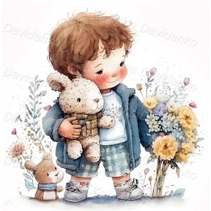 Watercolor painting of happy little boy with flowers and toys animals. Cartoon kid clipart