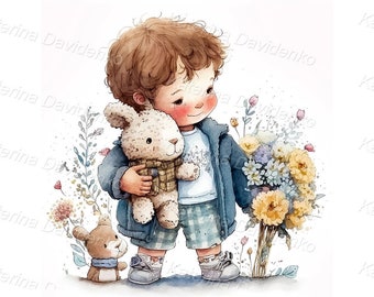 Watercolor painting of happy little boy with flowers and toys animals. Cartoon kid clipart