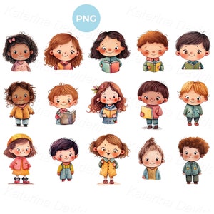 Conjunto de imágenes prediseñadas de niños con libros. Niños felices de preescolar. Niños y niñas multiétnicos en acuarela.