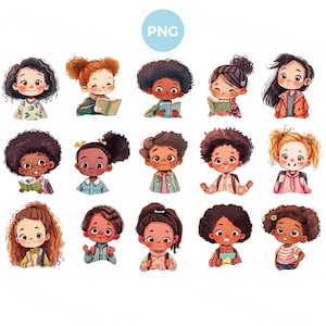 Collection of cute cartoon kids clipart PNG Set of little girl faces with different emotions School children clipart Digital download