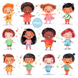 Conjunto de niños de dibujos animados cantando canciones png clipart. Niños cantantes felices, personajes multiétnicos. Niñas acuarelas cantando imágenes de canciones.