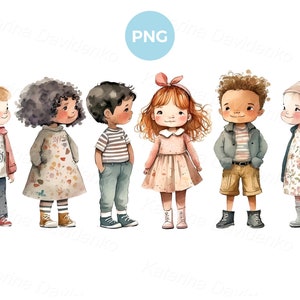 Dibujos animados niños pequeños felices PNG Clipart. Lindas chicas y chicos de pie en una fila. Imágenes prediseñadas de niños acuarela sonrientes. Descarga digital