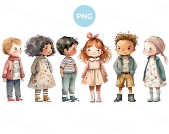 Cartoon happy little kids PNG clipart. Cute girls and boys standing in a row. Smiling watercolor children clipart. Digital download